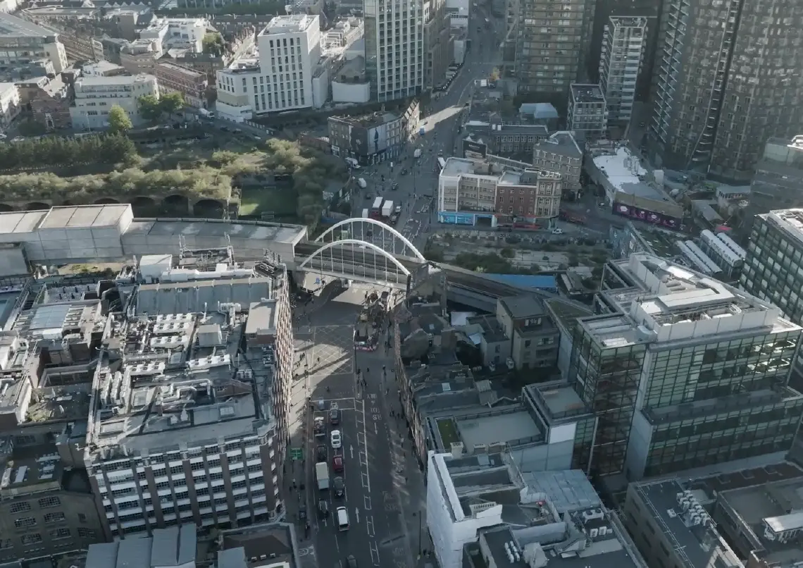 Aerial view of Shoreditch with the Overground bridge and surrounding office buildings