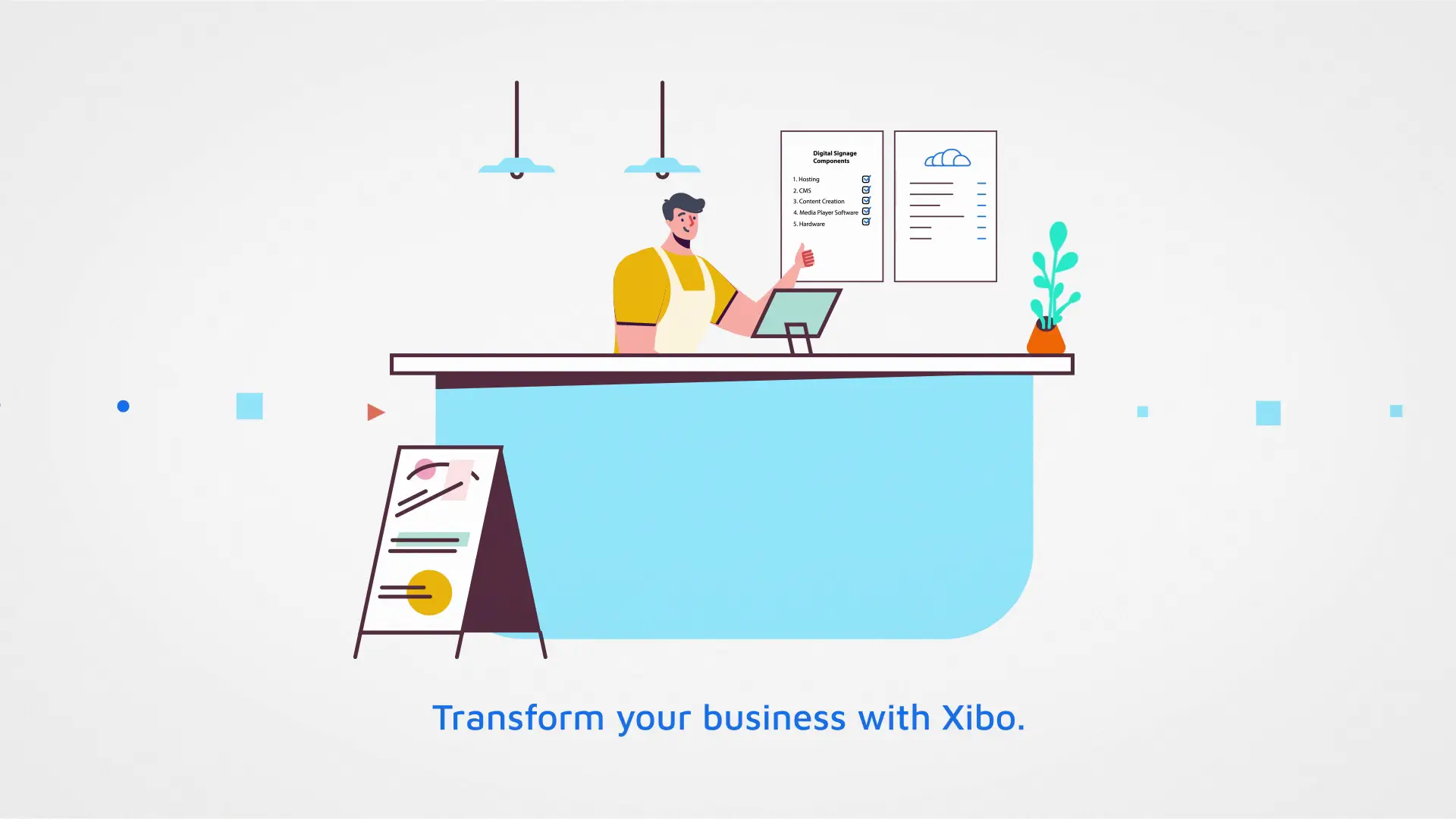 Illustrated shop counter with the caption Transform your business with Xibo